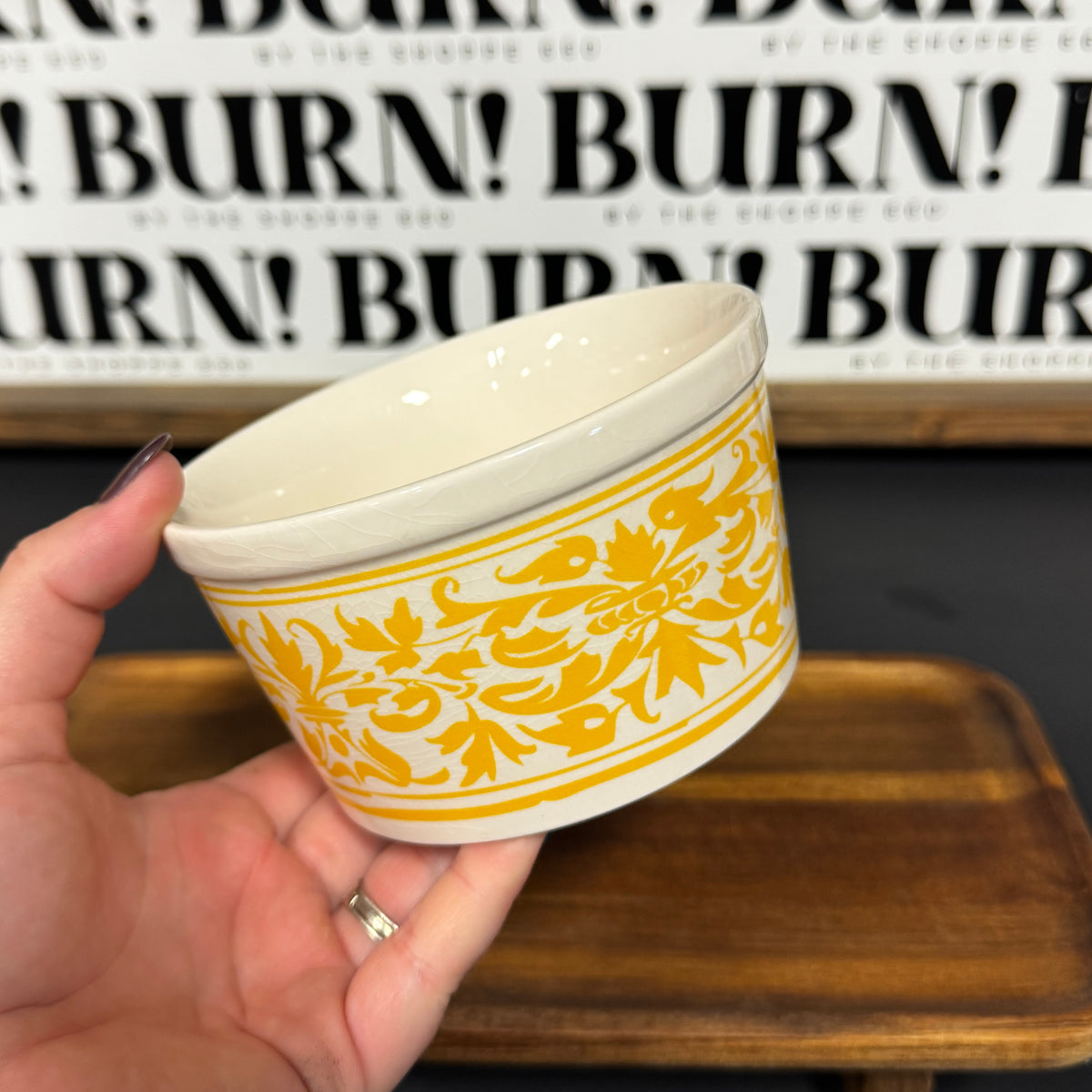 YELLOW FLORAL CROCK {THRIFTY FLAMES}